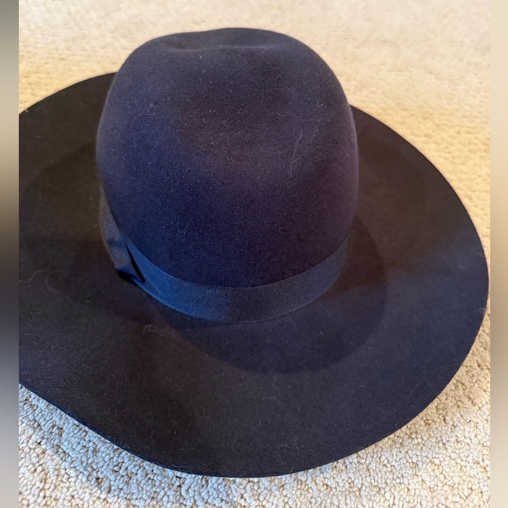 Saks Fifth Avenue Deep Navy Wool Fedora with Ribbon Trim - Picture 2 of 4
